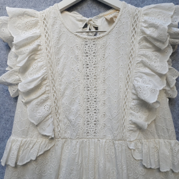 Sezane Chacha Embroidered Eyelet Lace Ruffle Mini Dress In Ecru - Picture 5 of 13